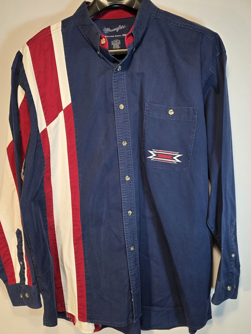 Vintage Wrangler Western Shirts Red White & Blue XXL Button Long Sleeve Mens
